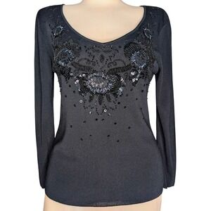 Beaded Black Sweater Women Small Whimsigoth Fairy Grunge Y2K Glam Shimmer Party‎